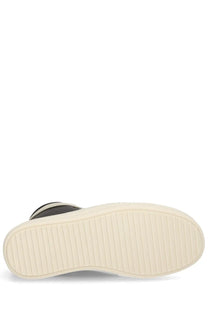 Black high-top leather sneaker for women by rick owens with cream rubber sole featuring vertical grooves visible from back