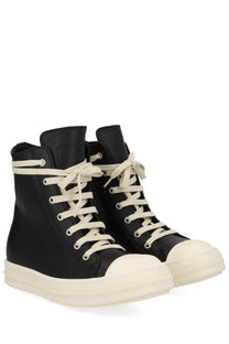 Rick Owens women’s leather sneaker black high-top with cream laces rubber toe cap and thick white sole