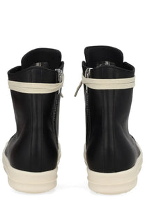 Rick Owens women’s black leather high-top sneakers with cream rubber soles strap accents and side zippers