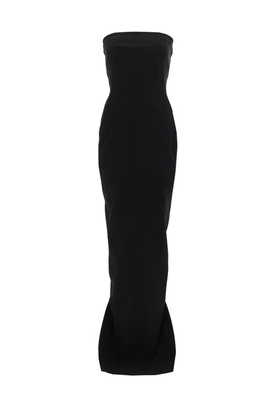 Rick Owens women’s long bustier gown dress in black featuring a sleek strapless form-fitting silhouette with flared hem