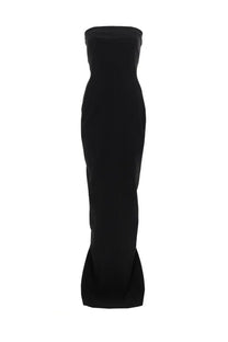 Rick Owens women’s long bustier gown dress in black featuring a sleek strapless form-fitting silhouette with flared hem