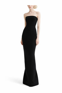 Rick Owens women’s black long bustier gown dress with strapless mermaid silhouette and flared skirt