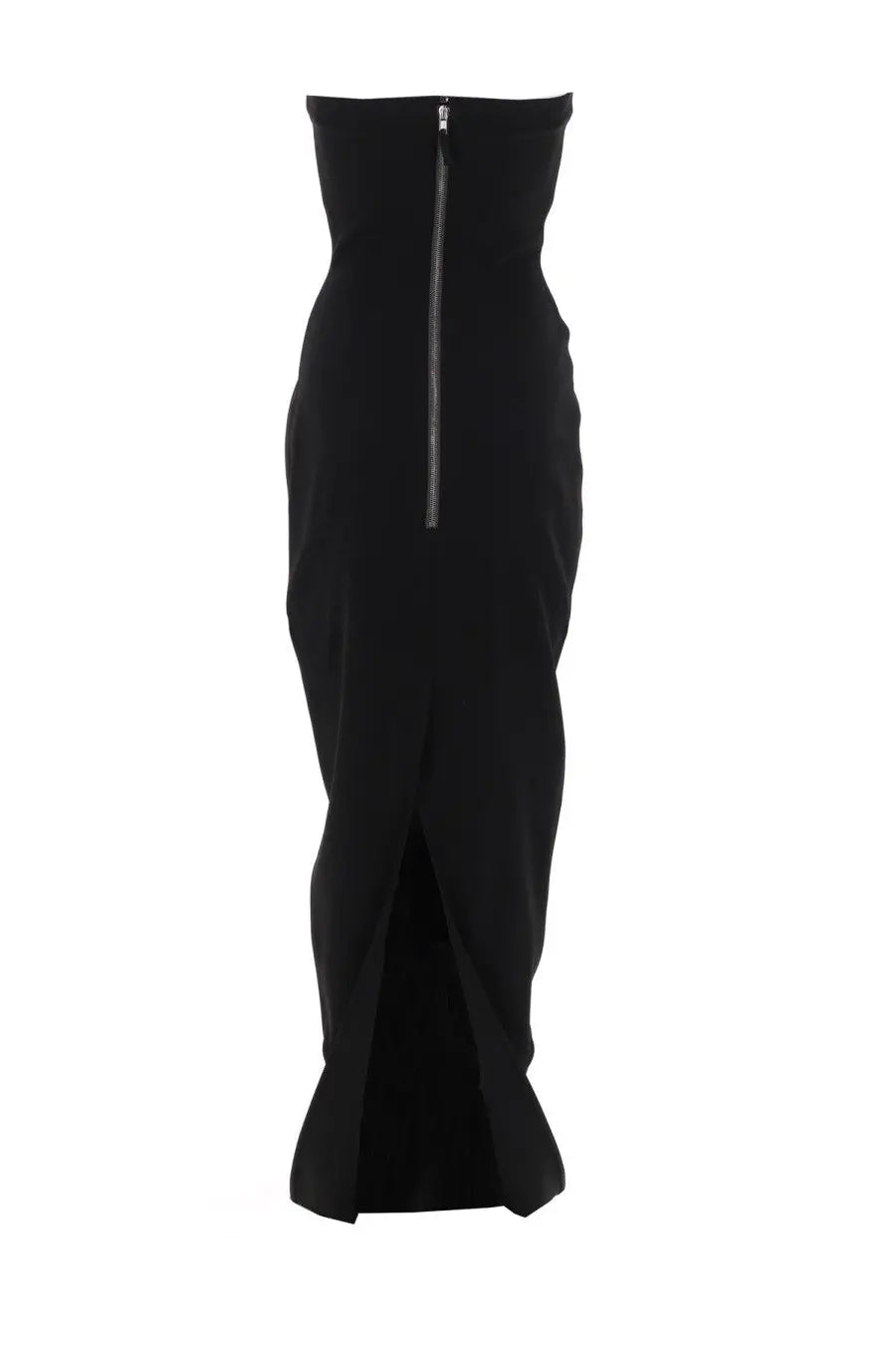 Rick Owens women’s black strapless midi bustier dress with central zipper and flared hem