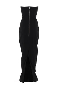 Rick Owens women’s black strapless midi bustier dress with central zipper and flared hem