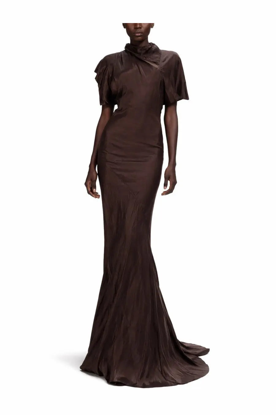 Rick Owens women’s long seb gown dress in chocolate brown satin with high neckline and short flutter sleeves