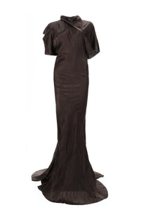 Rick Owens women’s long Seb gown dress in brown satin with a sleek high collar and short flutter sleeves