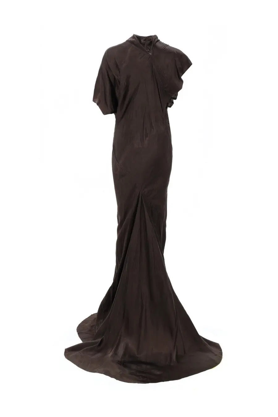 Rick Owens women’s long seb gown dress in brown satin with a sleek high neckline and asymmetrical short sleeves