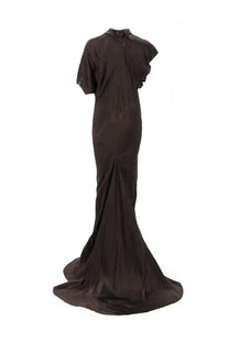 Rick Owens women’s long seb gown dress in brown satin with a sleek high neckline and asymmetrical short sleeves