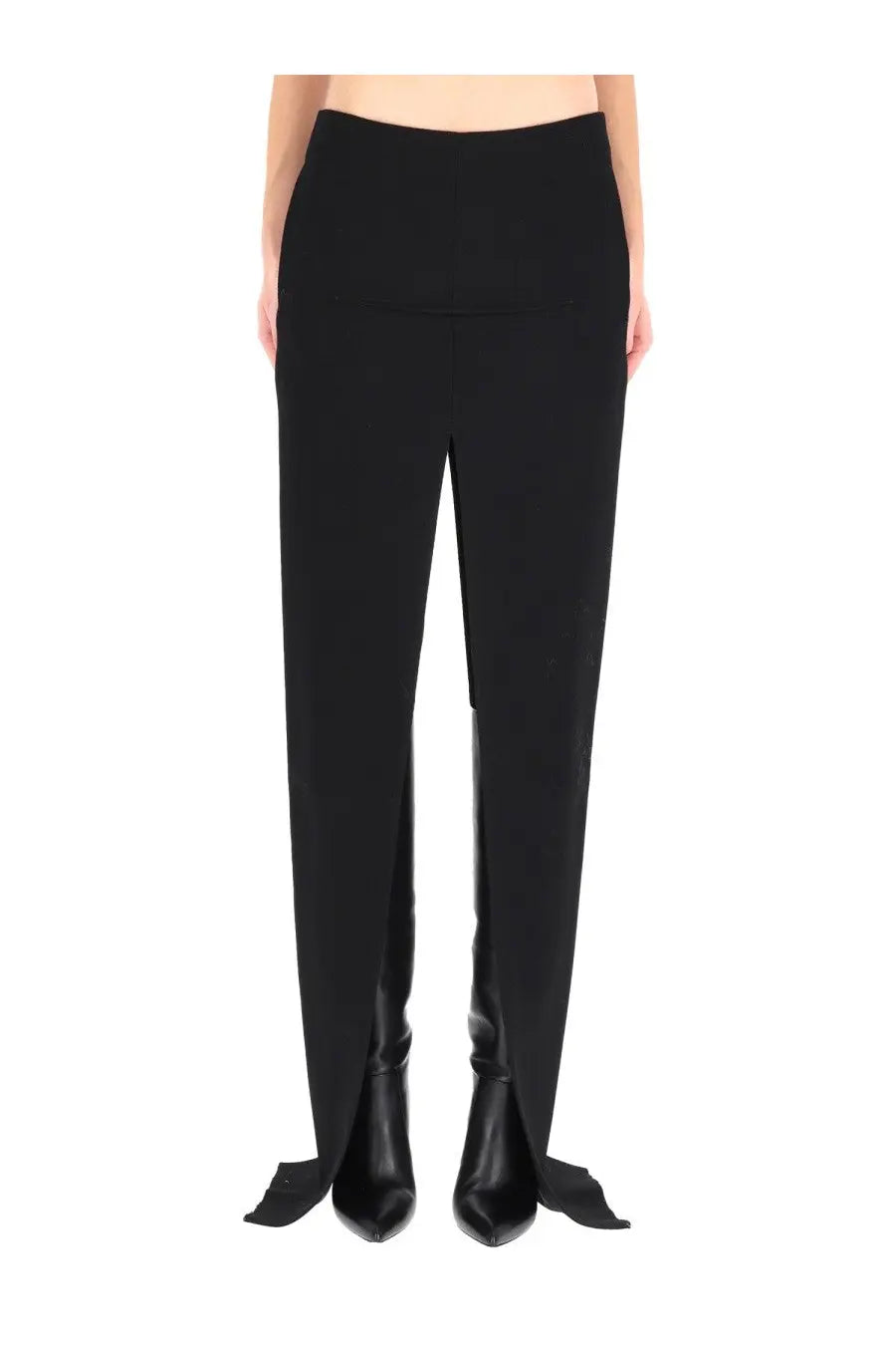 Rick Owens women’s black long skirt with high-waisted sleek straight-leg trousers and subtle outer side slits