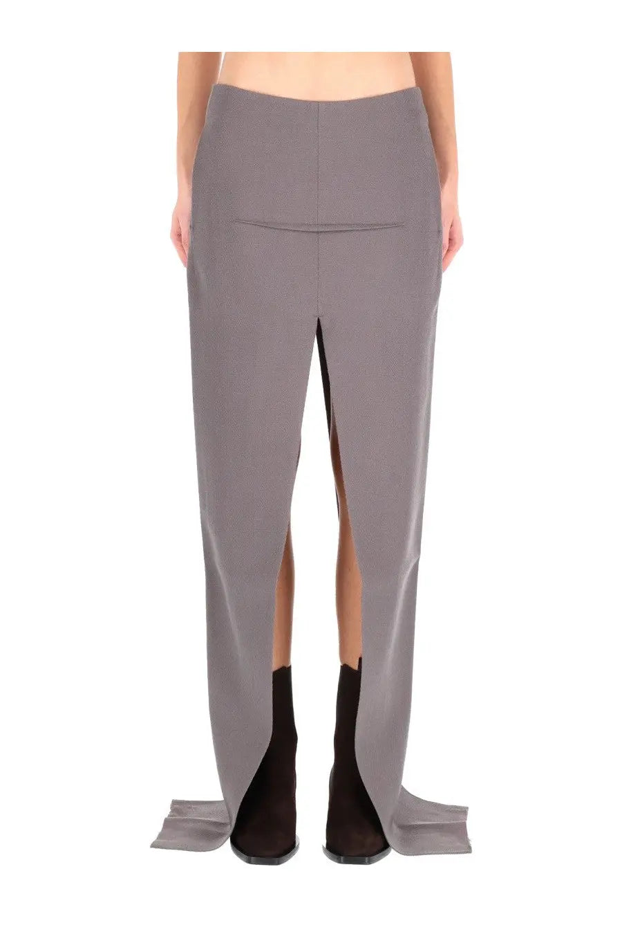 Rick Owens women’s long skirt grey with high-waisted straight-leg cut trousers and front slit with pleated waistband