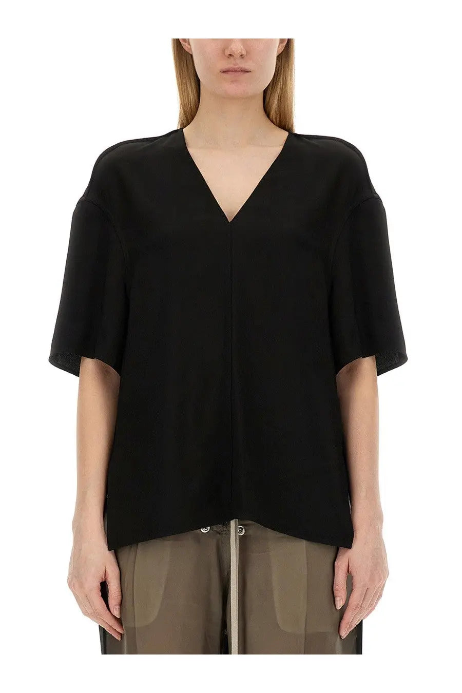 Rick Owens women’s black v-neck blouse with short flared sleeves and a relaxed fit in lightweight fabric