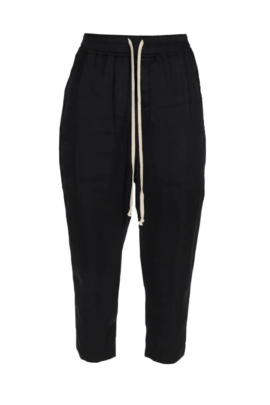 Rick owens women’s black tapered jogger pants featuring a contrasting cream-colored drawstring for casual wear