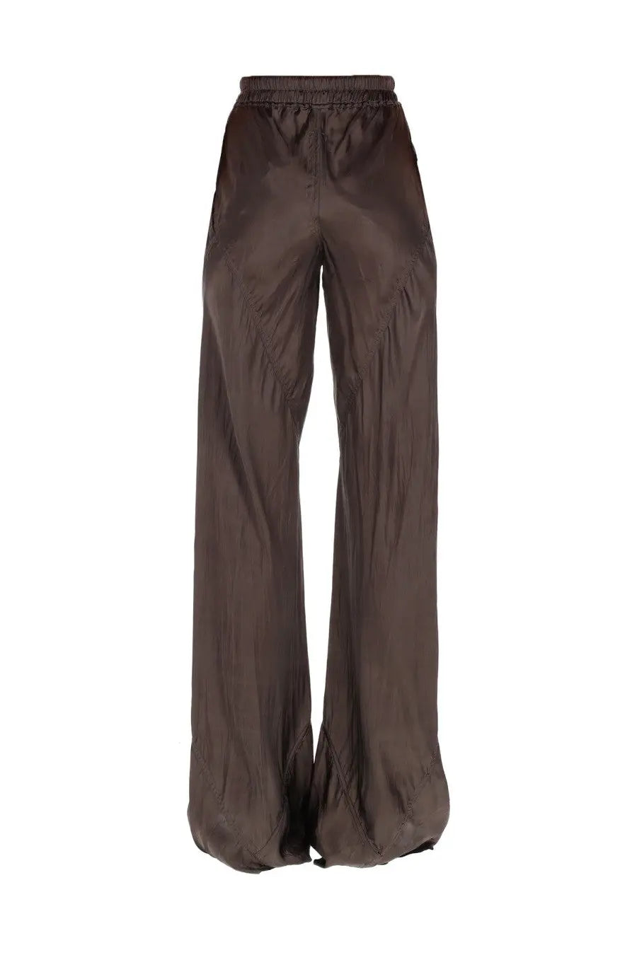 Rick owens women’s brown satin wide-leg trousers with elastic waistband and bias grey accents