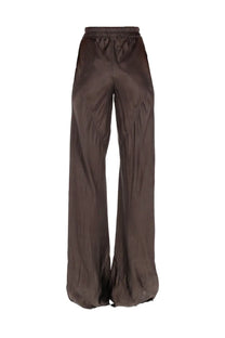 Rick owens women’s brown satin wide-leg trousers with elastic waistband and bias grey accents