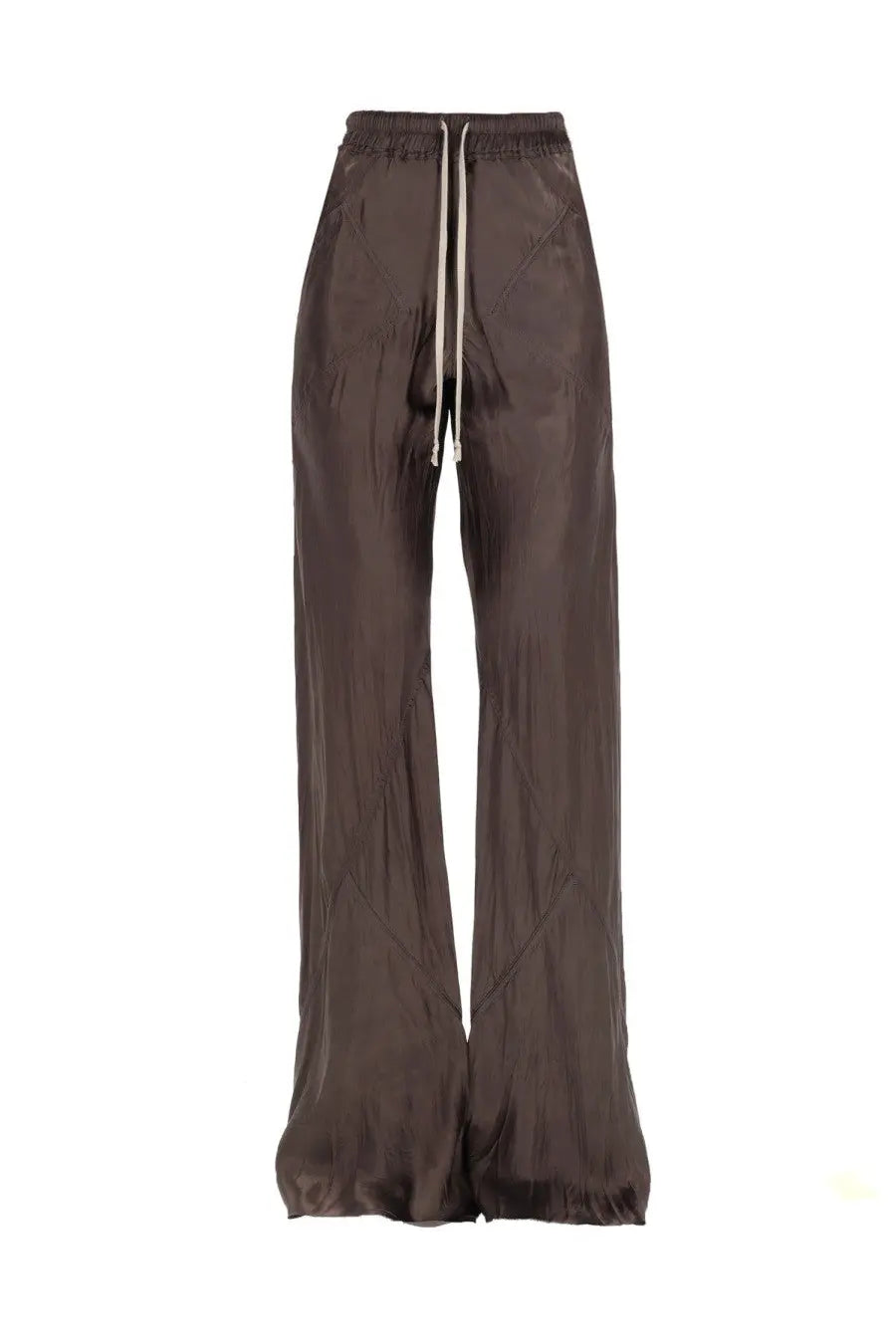 Rick Owens women’s pants in dark brown wide-leg design with drawstring waistband and diagonal seam detailing