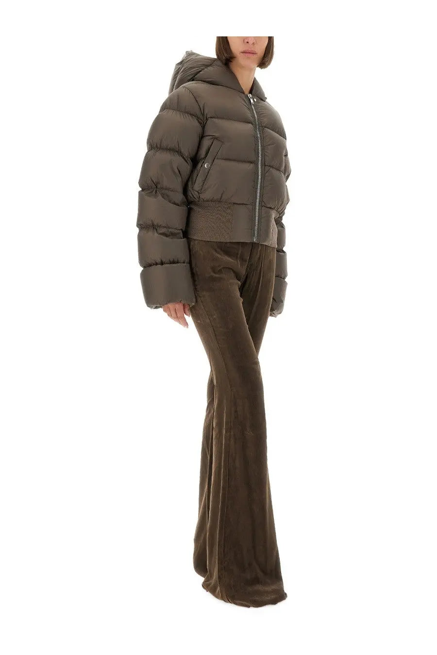 Olive green quilted puffer jacket with hood and front zipper paired with rick owens women’s bolan brown pants