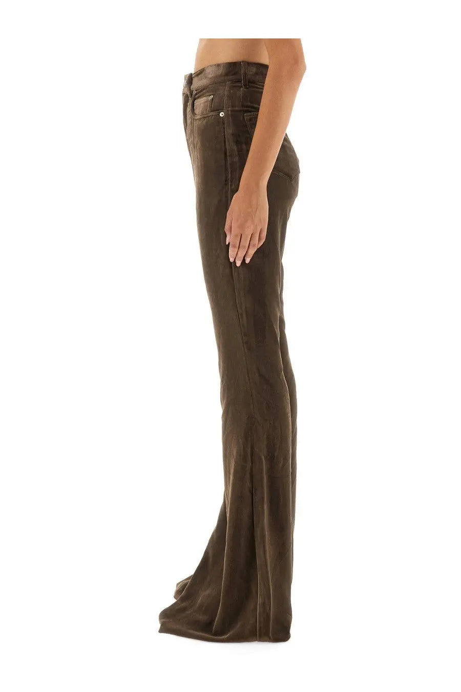 Rick owens women’s brown velvet flare pants with a luxurious soft texture and stylish silhouette