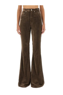 Rick Owens women’s brown velvet flare pants with high waist and classic five-pocket design