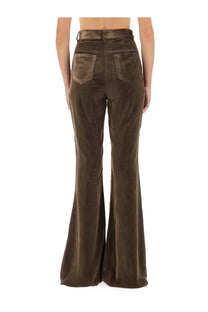 Brown velvet flare pants with high waist and classic back pockets shown from the back by Rick Owens womens pants bolan brown