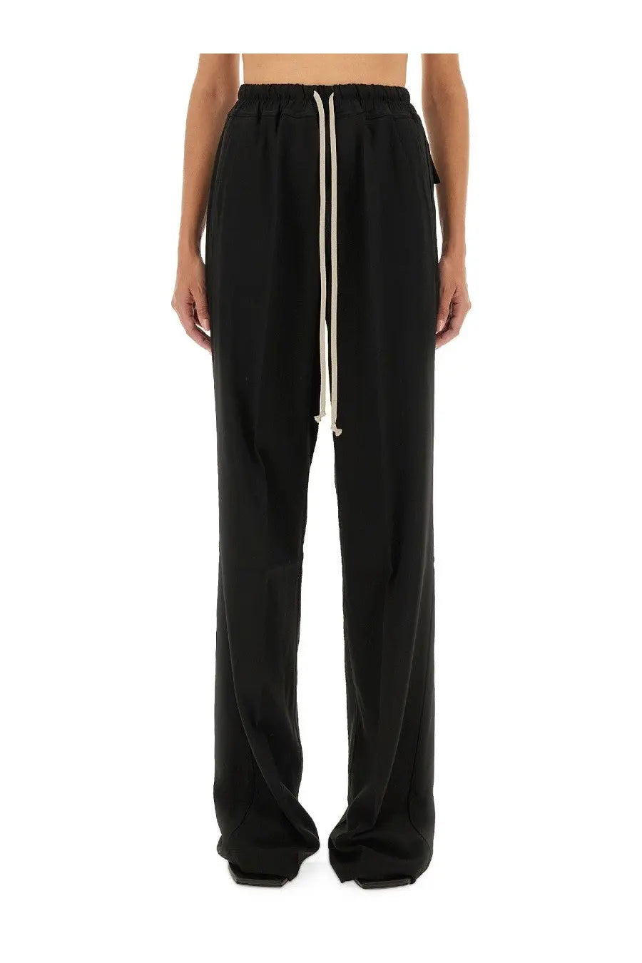 Rick Owens women’s black wide-leg pants Dietrich with a cream-colored drawstring waist for casual wear
