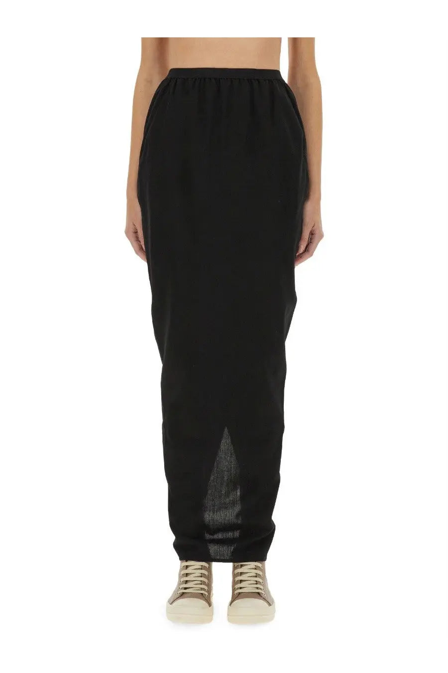 Rick Owens women’s black high-waisted maxi skirt with sheer mesh panel at lower leg