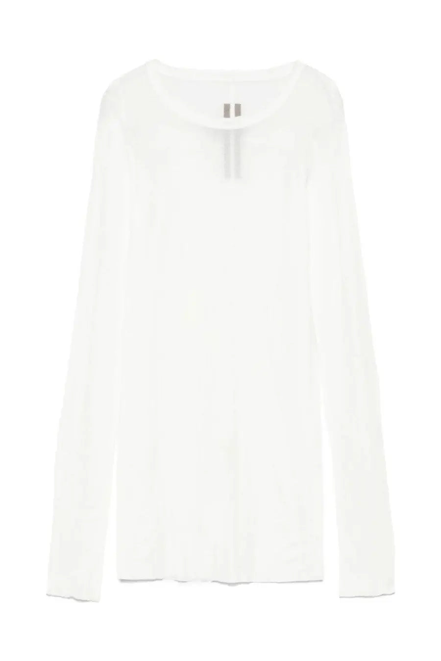 Rick Owens women’s white rib long-sleeved shirt with subtle textured fabric and small logo at neckline