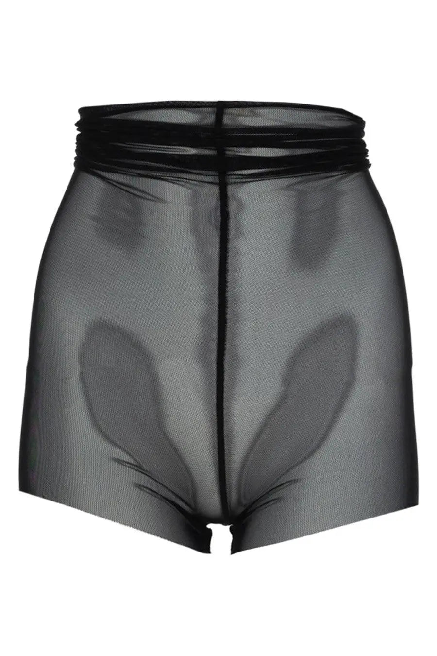 Rick Owens women’s black semi transparent high waisted shorts in sheer mesh with gathered elastic waistband