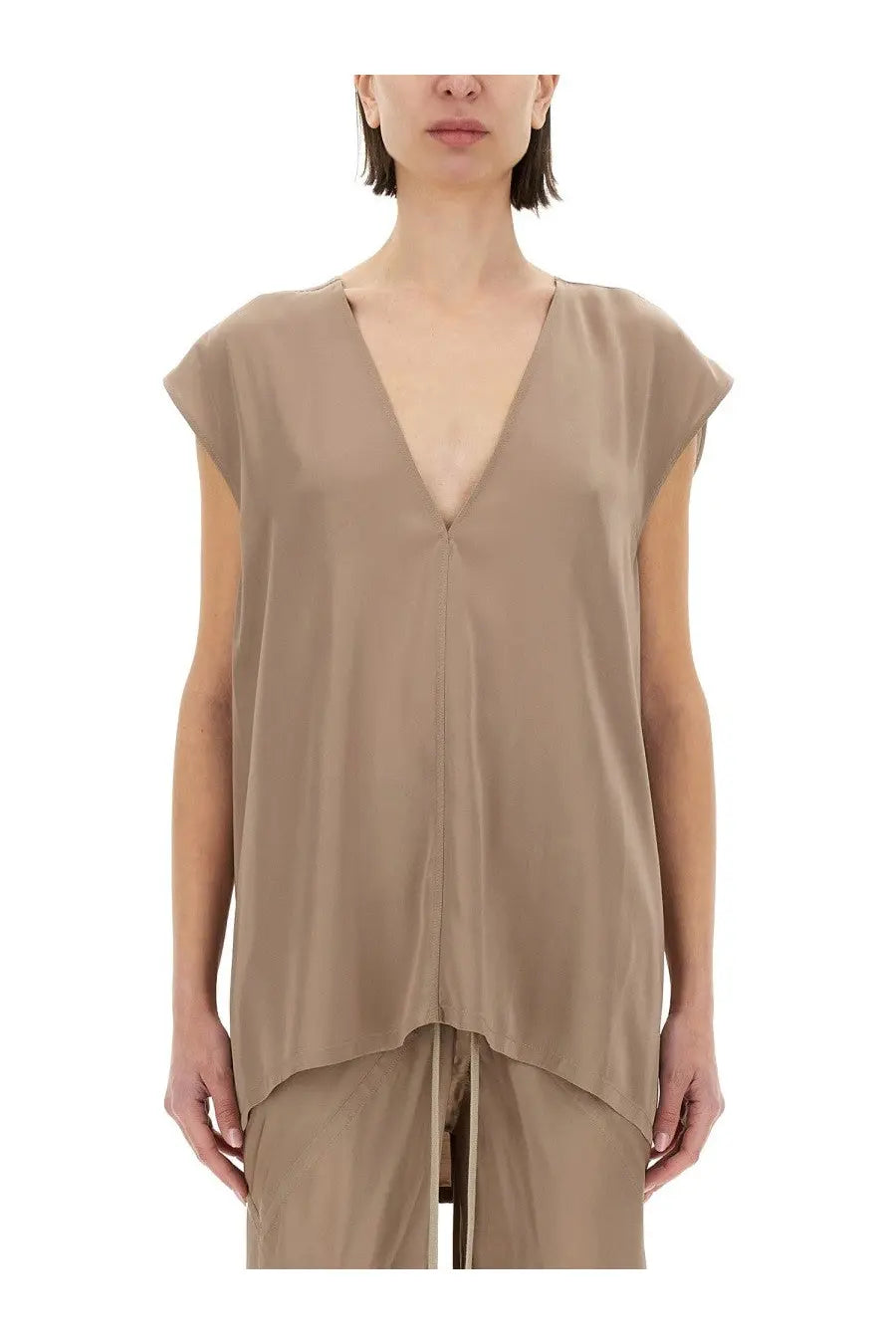 Beige sleeveless shirt by Rick Owens with deep v-neck and asymmetrical hemline for women’s fashion