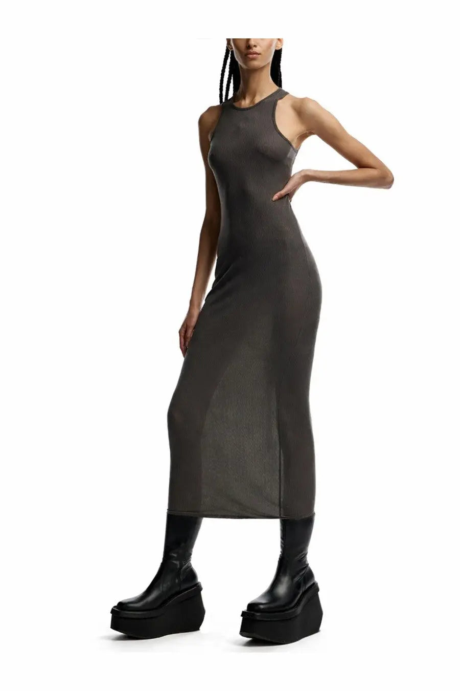 Rick Owens women’s silk blend midi dress in dark gray with sleeveless high neckline and sheer fabric details