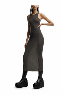 Rick Owens women’s silk blend midi dress in dark gray with sleeveless high neckline and sheer fabric details