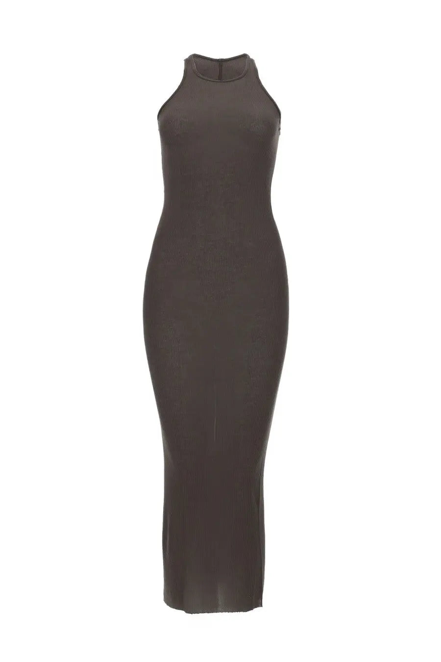 Rick Owens women’s dark gray silk blend midi dress with high neck and form fitting silhouette with vertical seams