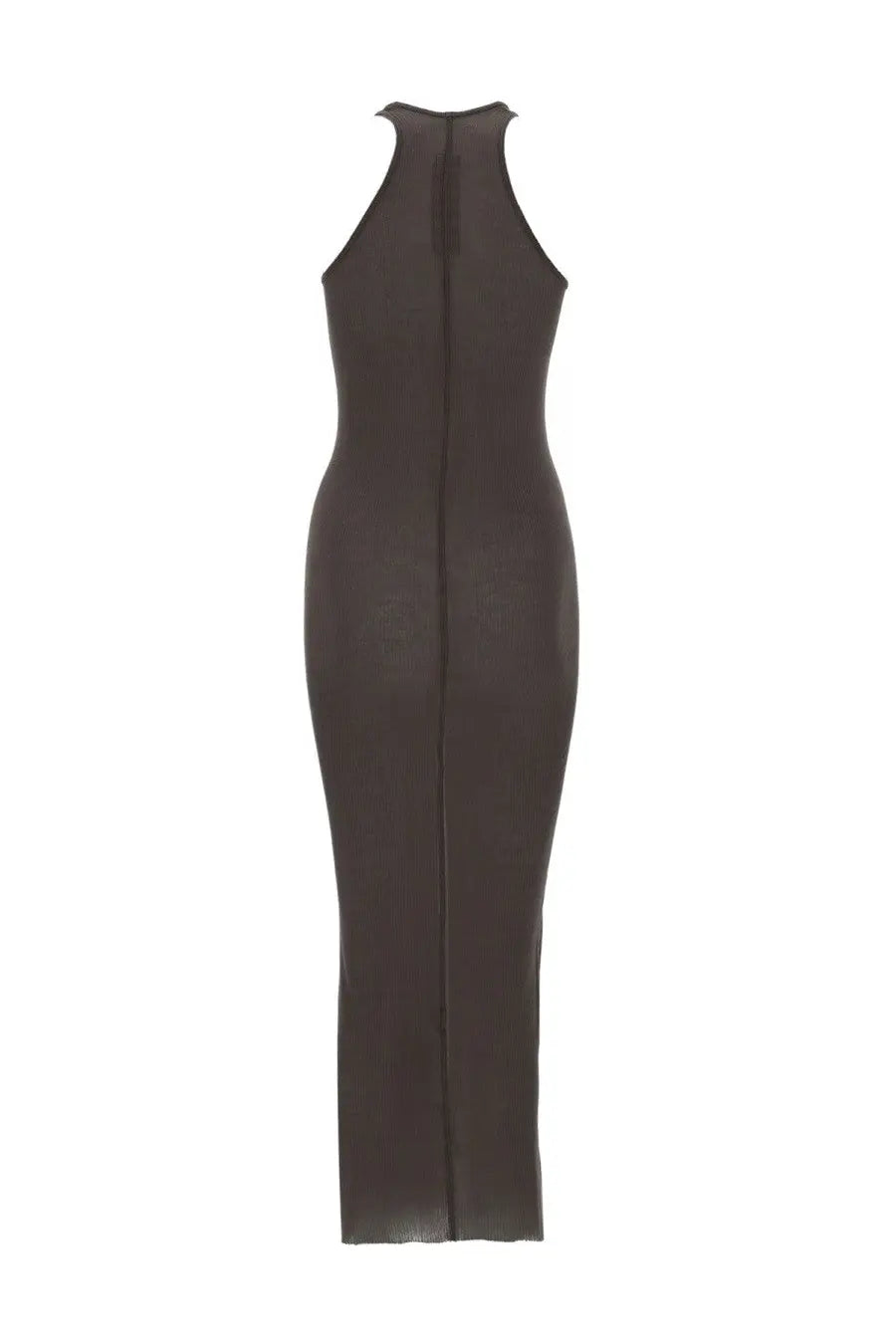 Rick Owens women’s dark brown silk blend sleeveless maxi dress with high neckline and back zipper shown from back side