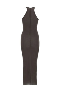 Rick Owens women’s dark brown silk blend sleeveless maxi dress with high neckline and back zipper shown from back side