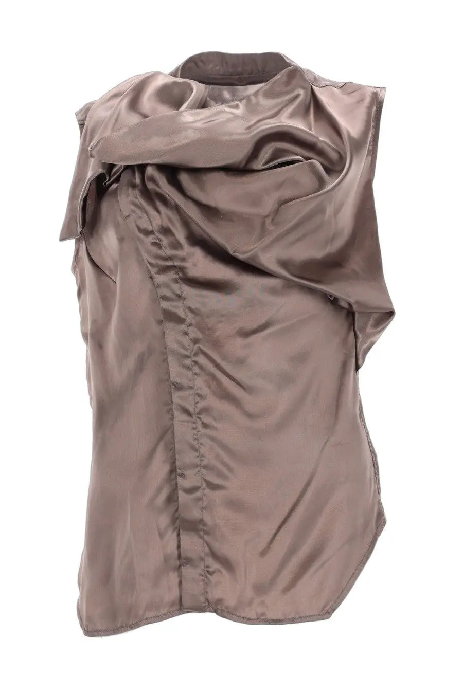 Rick Owens women’s sleeveless island shirt in bronze taupe satin with draped asymmetrical neckline and vertical seams