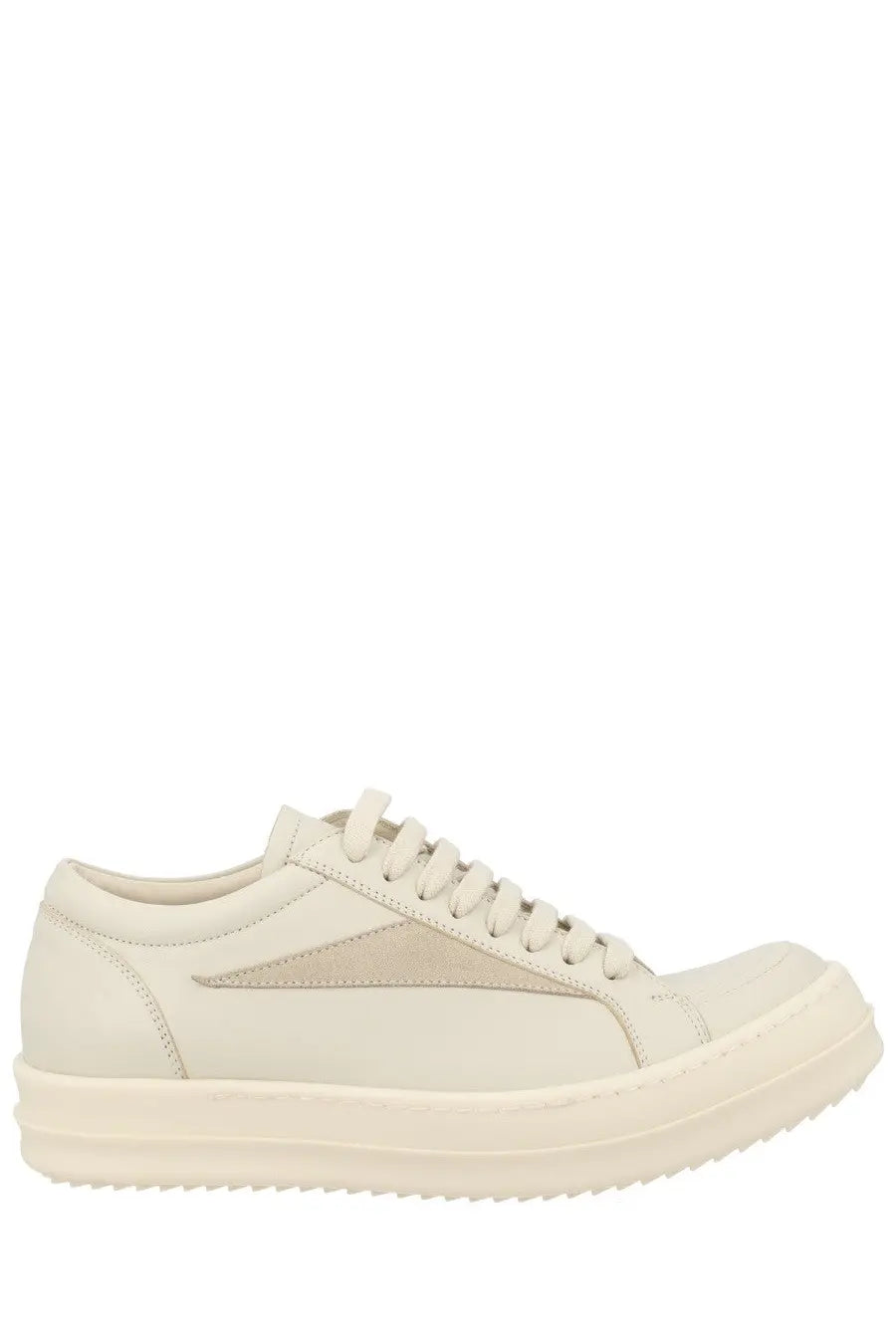 Cream-colored leather low-top Rick Owens women’s sneaker with beige panel and thick textured rubber sole