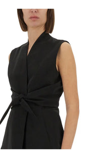 Rick Owens women’s structured sleeveless jacket in black with draped wrap neckline and self-tie belt