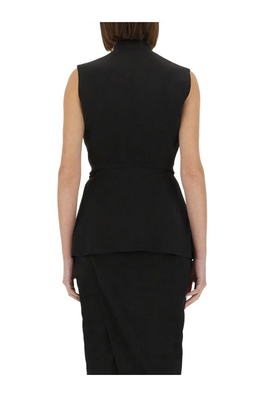 Rick Owens women’s structured sleeveless jacket in black with a high neckline and tailored peplum fit