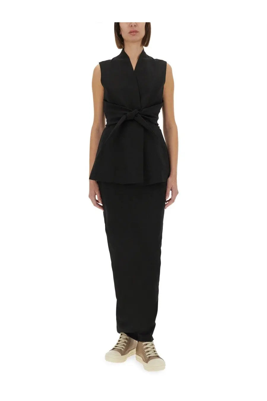 Rick Owens women’s black structured sleeveless jacket with peplum detail and tied waistband in smooth fabric