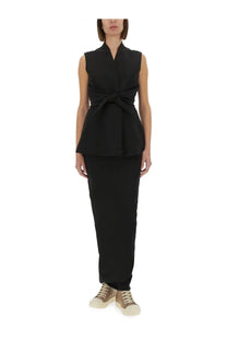 Rick Owens women’s black structured sleeveless jacket with peplum detail and tied waistband in smooth fabric