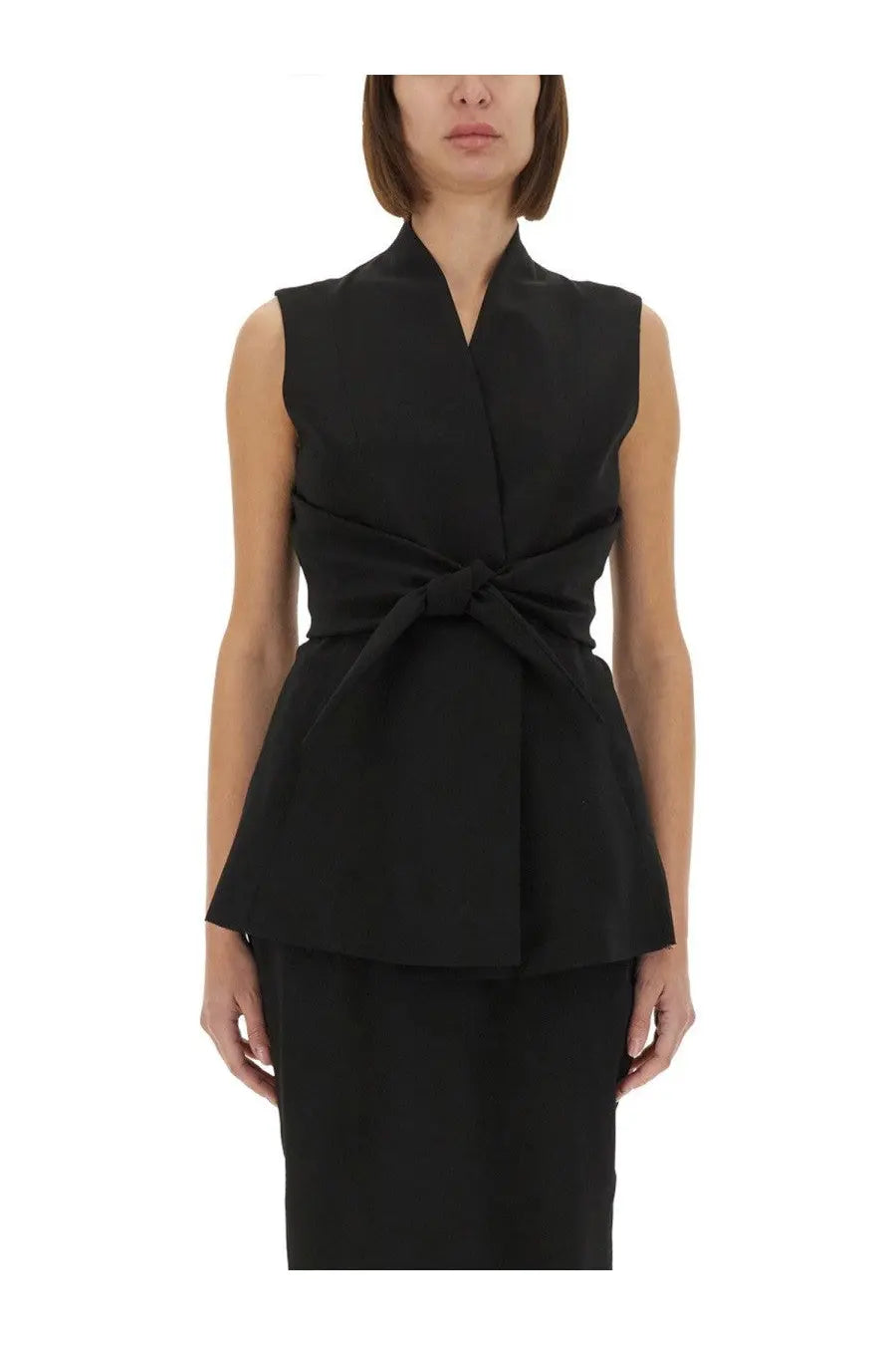 Rick Owens women’s black sleeveless peplum top with a tied waistband and structured design