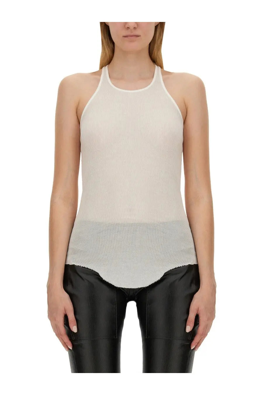 Rick Owens women’s off-white ribbed knit halter tank top with a subtle gradient to light gray at the hem
