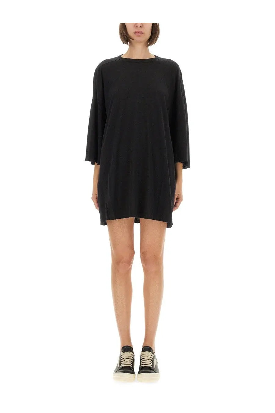 Rick Owens women’s black oversized cotton dress with three-quarter sleeves and relaxed fit front view