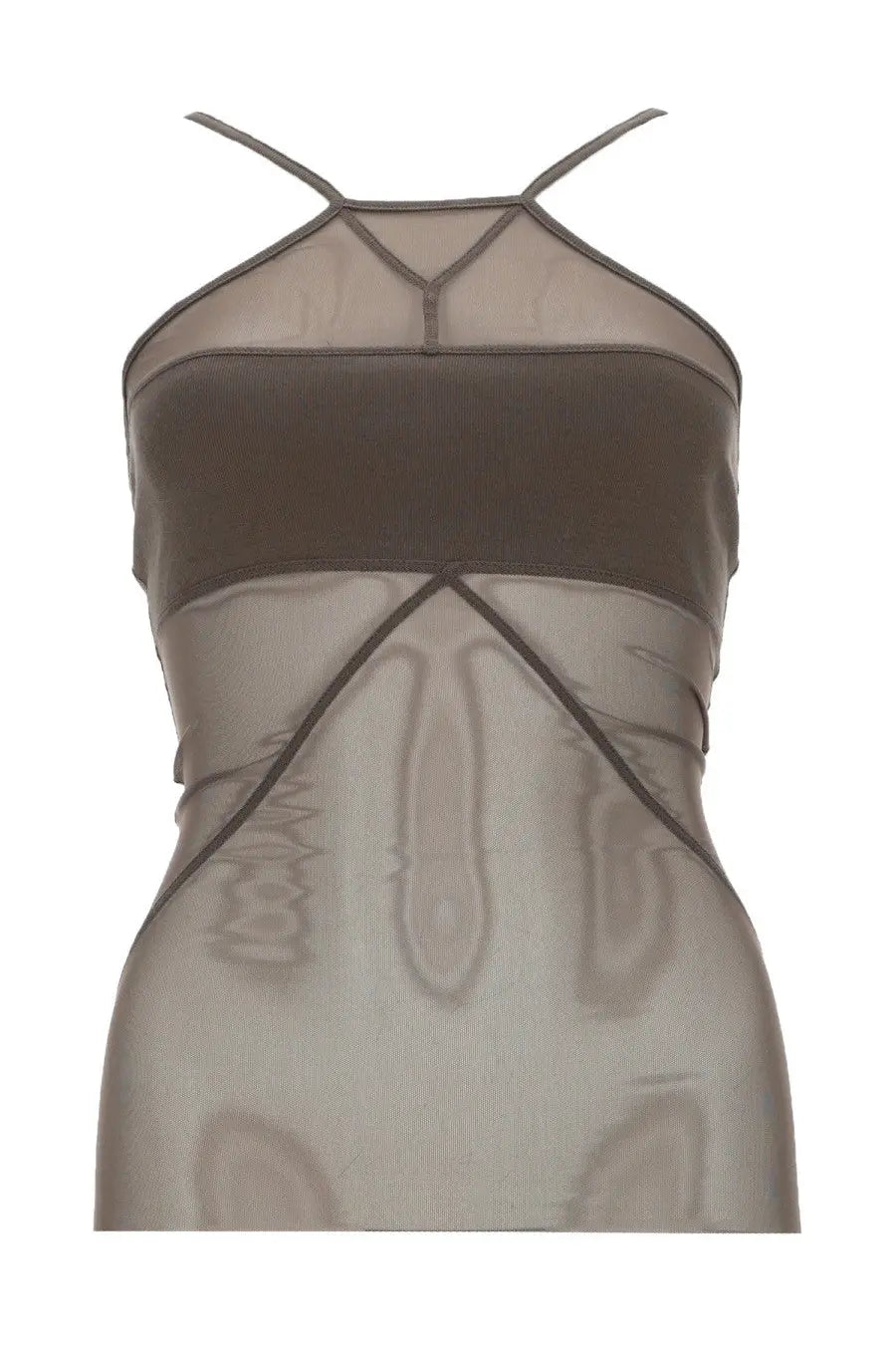 Rick Owens women’s taupe sheer mesh halter top with solid brown bust band and thin crisscross straps