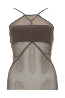 Rick Owens women’s taupe sheer mesh halter top with solid brown bust band and thin crisscross straps