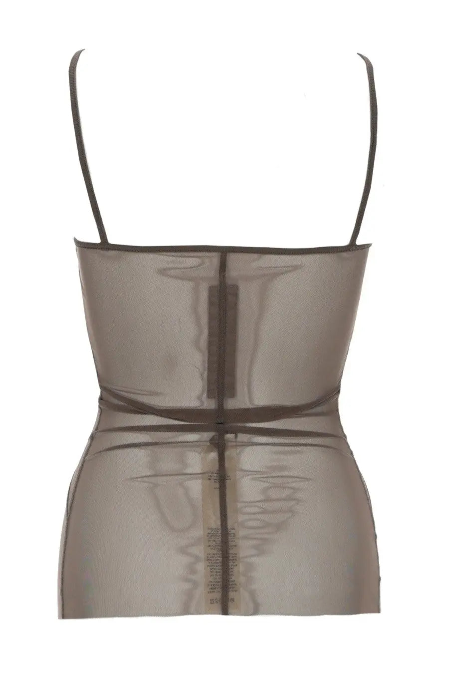 Back view of rick owens women’s top combo beige sheer taupe mesh bodysuit with thin straps and central zipper