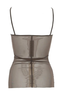 Back view of rick owens women’s top combo beige sheer taupe mesh bodysuit with thin straps and central zipper