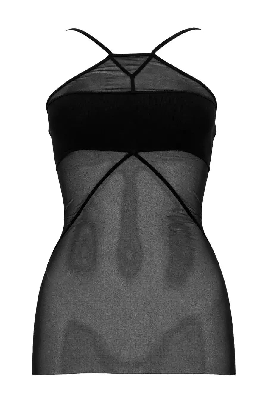 Rick Owens women’s black sheer halter top with semi-transparent overlay featuring an abstract bone pattern