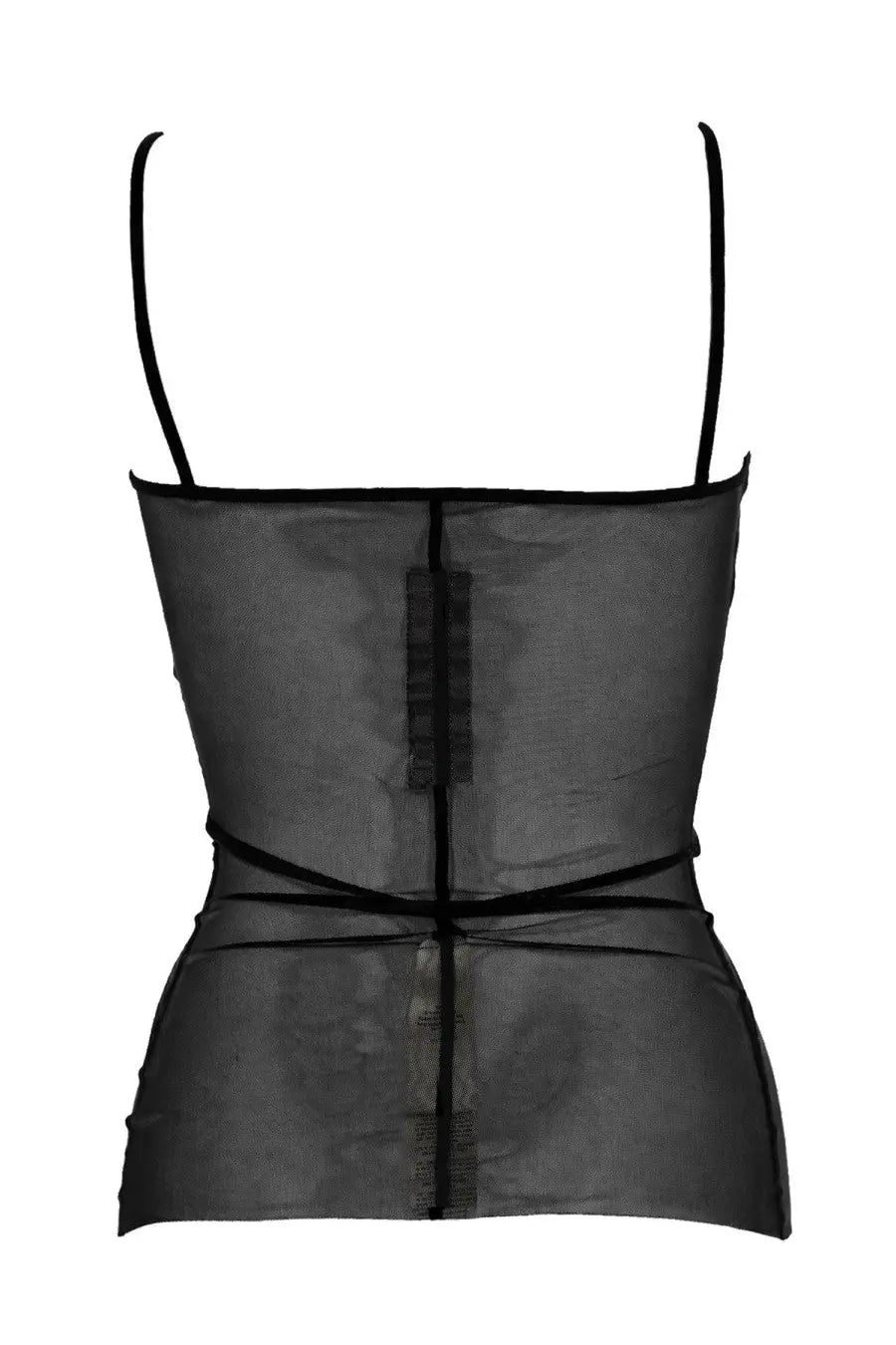 Rick Owens women’s top combo black sheer mesh camisole with thin straps and fitted waistband front view