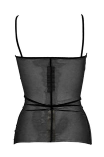 Rick Owens women’s top combo black sheer mesh camisole with thin straps and fitted waistband front view