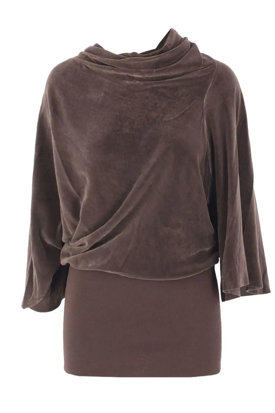 Rick Owens women’s soft chocolate brown velvet top with draped cowl neckline and flowing three quarter sleeves